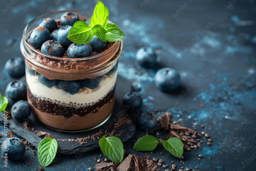 Canvas Prints Chia pudding in jar with yogurt layer blueberries close up view Healthy treat or snack