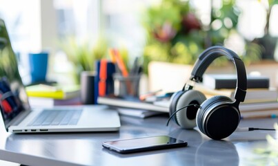Modern Headset on Desk, Essential Communication Tool