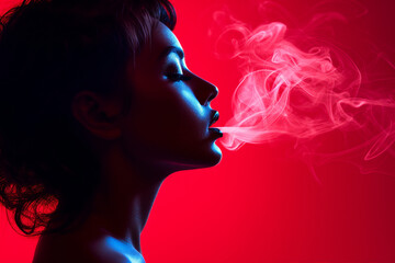 Fototapeta premium Generative AI image of young person smoking tabacco isolated on red color background