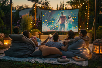 wide shot of friends watching movie on big screen in garden, sitting armchair and sofa with pillows, eating popcorns, sunset sky, outdoor cinema