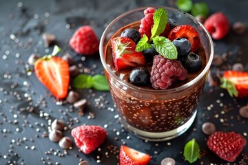 Chia seed berries on chocolate pudding