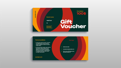 Abstract gift voucher card template. Modern discount coupon or certificate layout with geometric shape pattern. Vector fashion bright background design with information sample text.