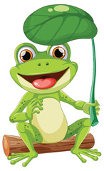Vector illustration of a happy frog under a leaf