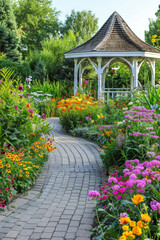 A tranquil garden with colorful flowers, winding pathways, and a quaint gazebo. 