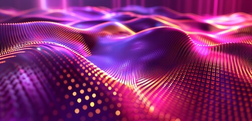 Abstract background, with a futuristic grid pattern in shades of pink and purple, accented by shimmering golden lines 