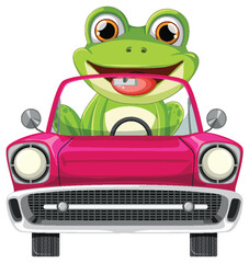 Cheerful green frog driving a vibrant pink car