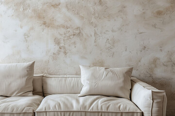 Rustic Minimalist Interior Mock-up with Linen Sofa and Textured Wall