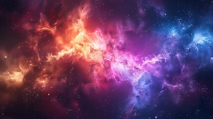 An abstract background of the universe with bright blue and purple cosmic stars and nebulae. A colorful view of the space horizon