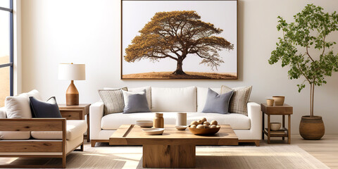 Fototapeta premium Armchair and sofa near beige wall with frame. Farmhouse interior design of modern living room.