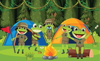 Frogs enjoying a campfire in the woods