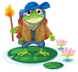 Cartoon frog with backpack and torch, standing on lily pad