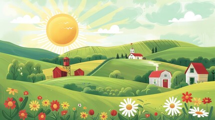 Bright and Cheerful Cartoon Countryside with a Rolling Sun