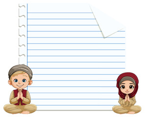 Illustration of two kids praying beside lined paper