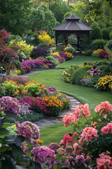 Obraz premium A tranquil garden with colorful flowers, winding pathways, and a quaint gazebo. 