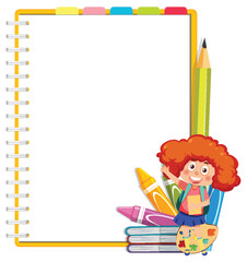 Young girl with art tools and colorful notebook.