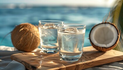 Coconuts and icy drinks on a sunny tropical beach, capturing a refreshing summer vacation vibe under palm trees.
