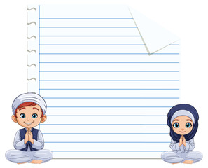 Illustration of two kids praying beside lined paper