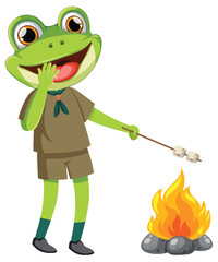 Frog enjoying marshmallows at a campfire