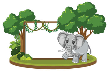 Cartoon elephant standing under green trees with vines
