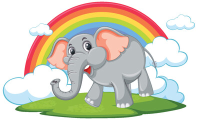 Cartoon elephant with rainbow on a sunny day