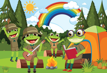 Frogs enjoying a campfire with music and books