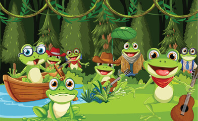 Frogs playing instruments by a pond
