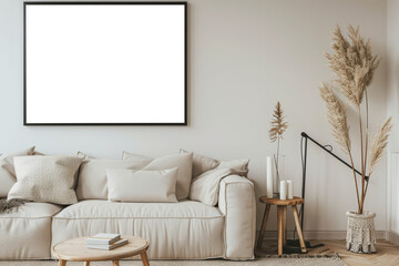 Bohemian Minimalist Interior Mockup with Empty Frame Art and Cozy Sofa