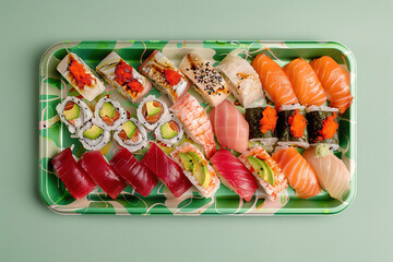 expensive sushi on the tray, top view, empty light jade background, beautiful decoration