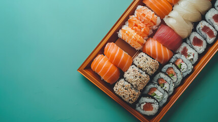 expensive sushi on the tray, top view, empty light jade background, beautiful decoration