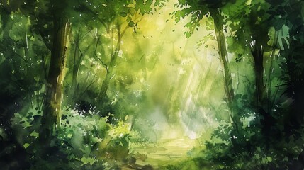 Obraz premium Verdant Wonder: Flowing Watercolor Masterpiece of a Lush Green Forest