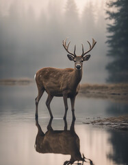 A sweet little deer, drinking from a sparkling lake in the early morning mist.
