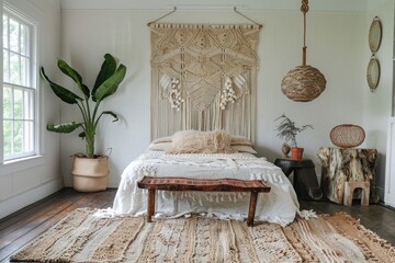 Bohemian-inspired macram wall hanging above a woven jute rug.