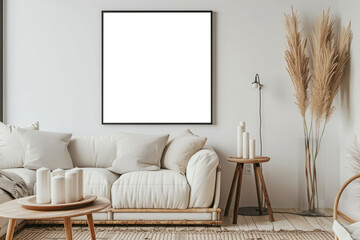 Bohemian Minimalist Interior Mockup with Empty Frame Art and Cozy Sofa