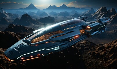 Futuristic Spaceship Flying Over Mountain Range