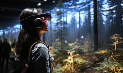 Woman Wearing Headphones in Forest