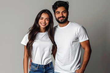 Fototapeta premium Modern Young Indian couple in white t-shirt, mockup, man woman smiling together in studio, copy space