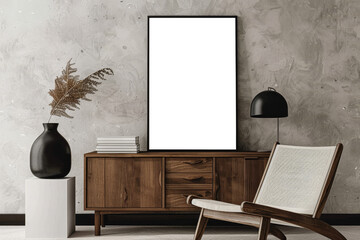 Rustic Modern Interior Mock-up with Empty Framed Art and Wooden Furniture