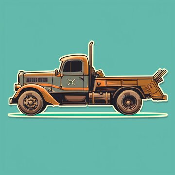 recommend clip art: A tow truck illustration designed as a sticker with standard colors and a gold outline on a solid teal background