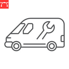 Plumbing service van line icon, plumbing service and transport, handyman truck vector icon, vector graphics, editable stroke outline sign, eps 10.