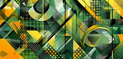 Abstract background, with intersecting geometric shapes in shades of green, yellow, and black