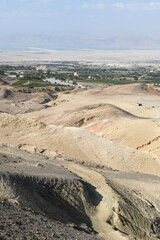 Landscape of desertic mountains over dead sea in Jordan