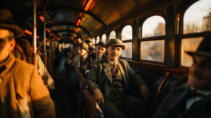 Vintage Scene of Passengers Traveling on Train, Wearing Hats and Coats
