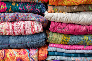A stack of colorful quilts, with different fabric patterns and textures.