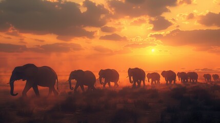 Fototapeta premium Captivating Realism: Savannah Scene at Sunset with Elephants