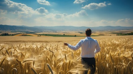 Businessman Standing in Wheat Field Admiring Agricultural Landscape with Blue Sky and Clouds