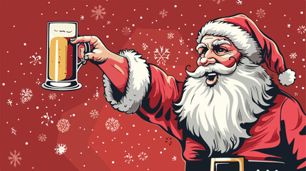 Santa Claus pointing at glass of beer on red backgroud