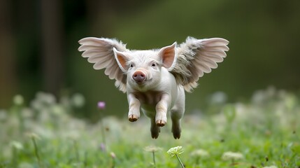 Adorable piglet with wings flying over a meadow
