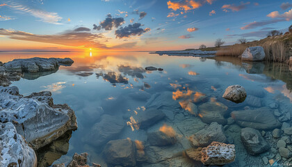 Tranquil lake at sunset, the stillness of the water capturing the beauty of the evening sky