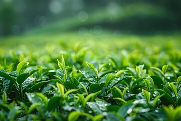 Close up view of tea plantation after rain