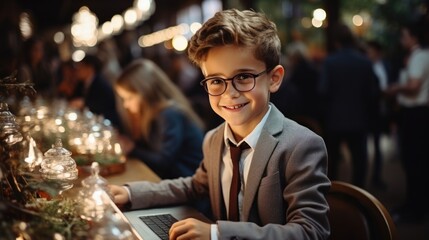 Young Boy in Suit and Glasses Smiling While Using Laptop in Warmly Lit Room